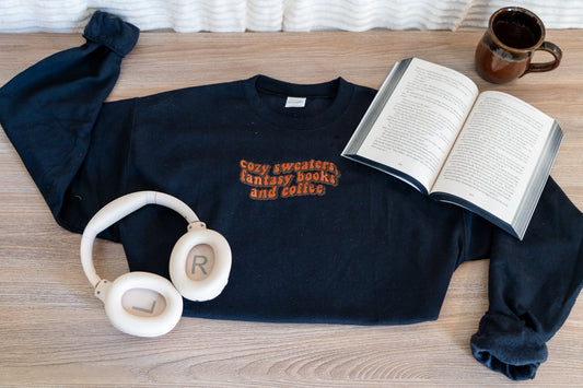 cozy sweaters, fantasy books ,and  coffee hoodie